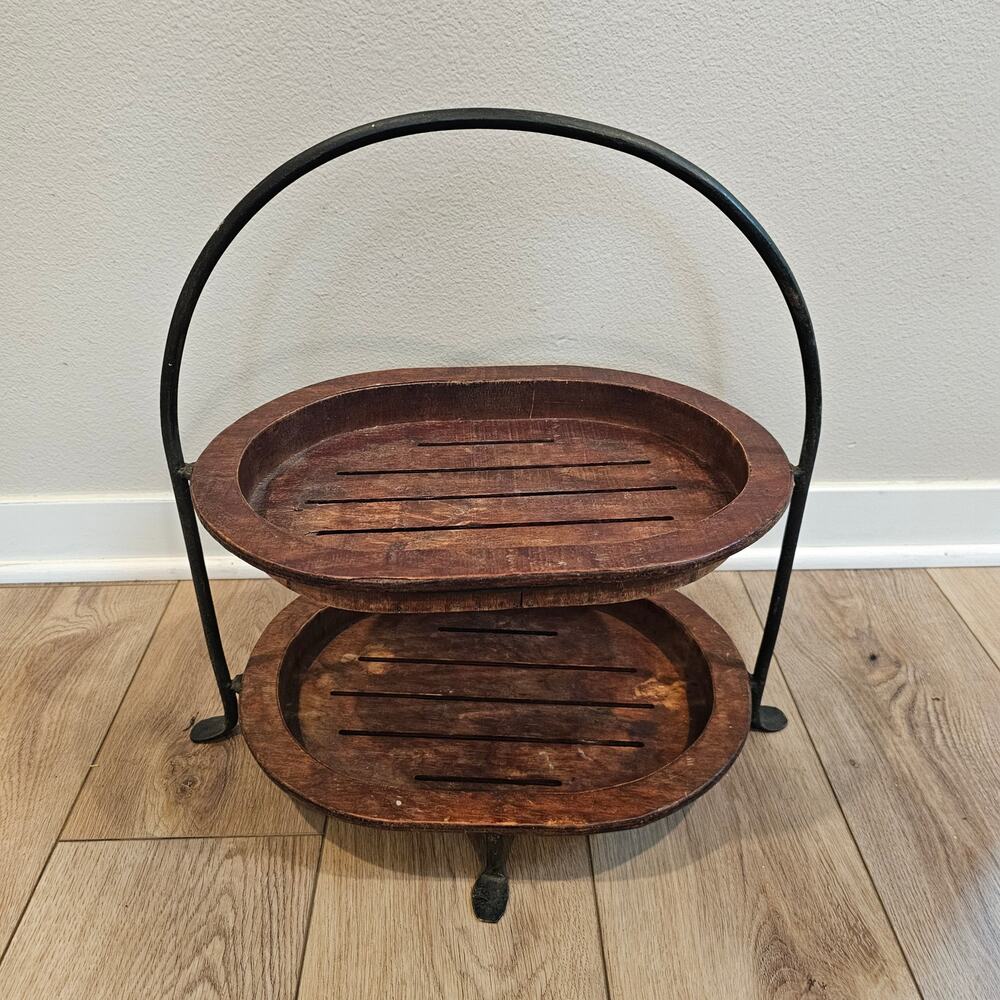 Vintage 2-Tier Metal and Wood Server Stand - Picture 3 of 4